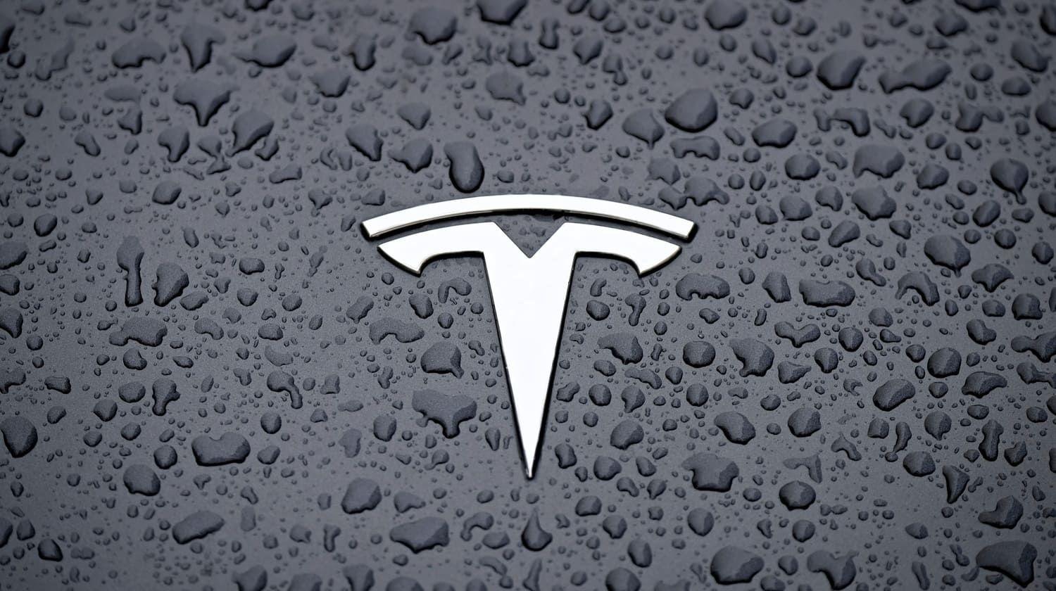Tesla badge on a wet car