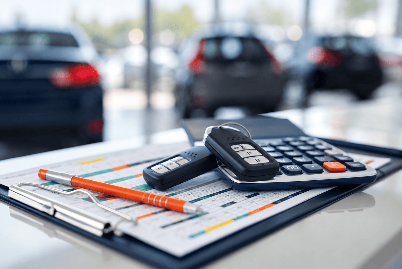 Calculator, car keys, and a pen on a document clipboard in a blurred car dealership showroom.