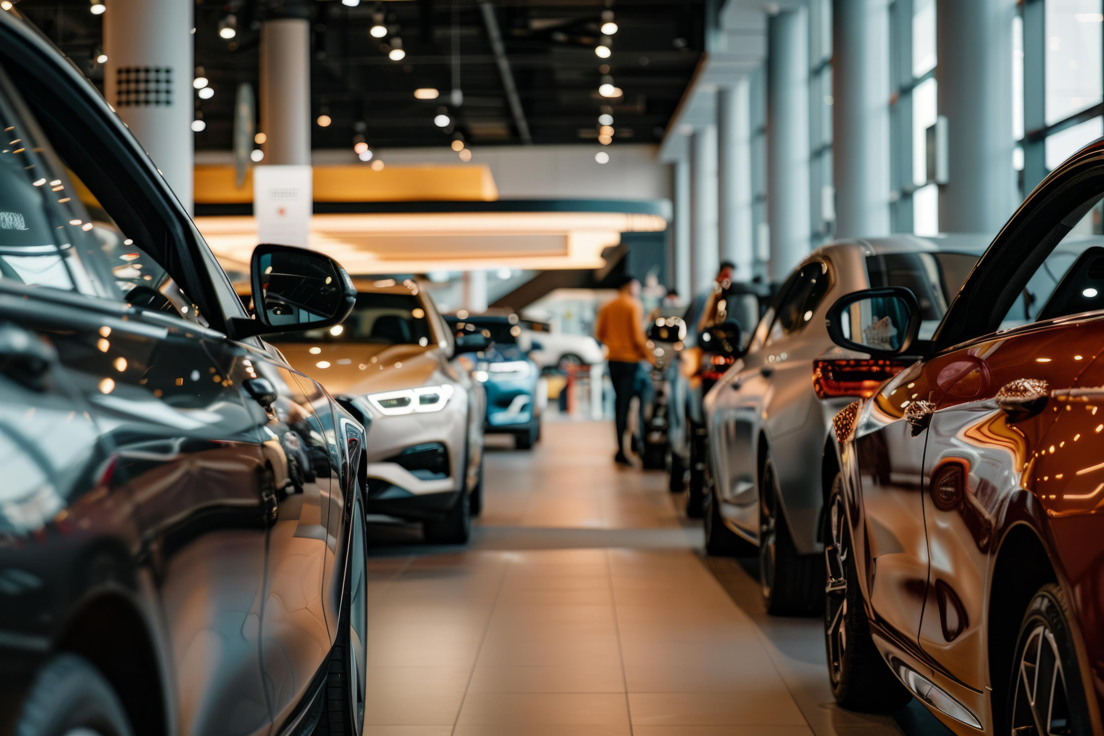 A row of sleek cars displayed inside a modern showroom, with people in the background examining the vehicles.