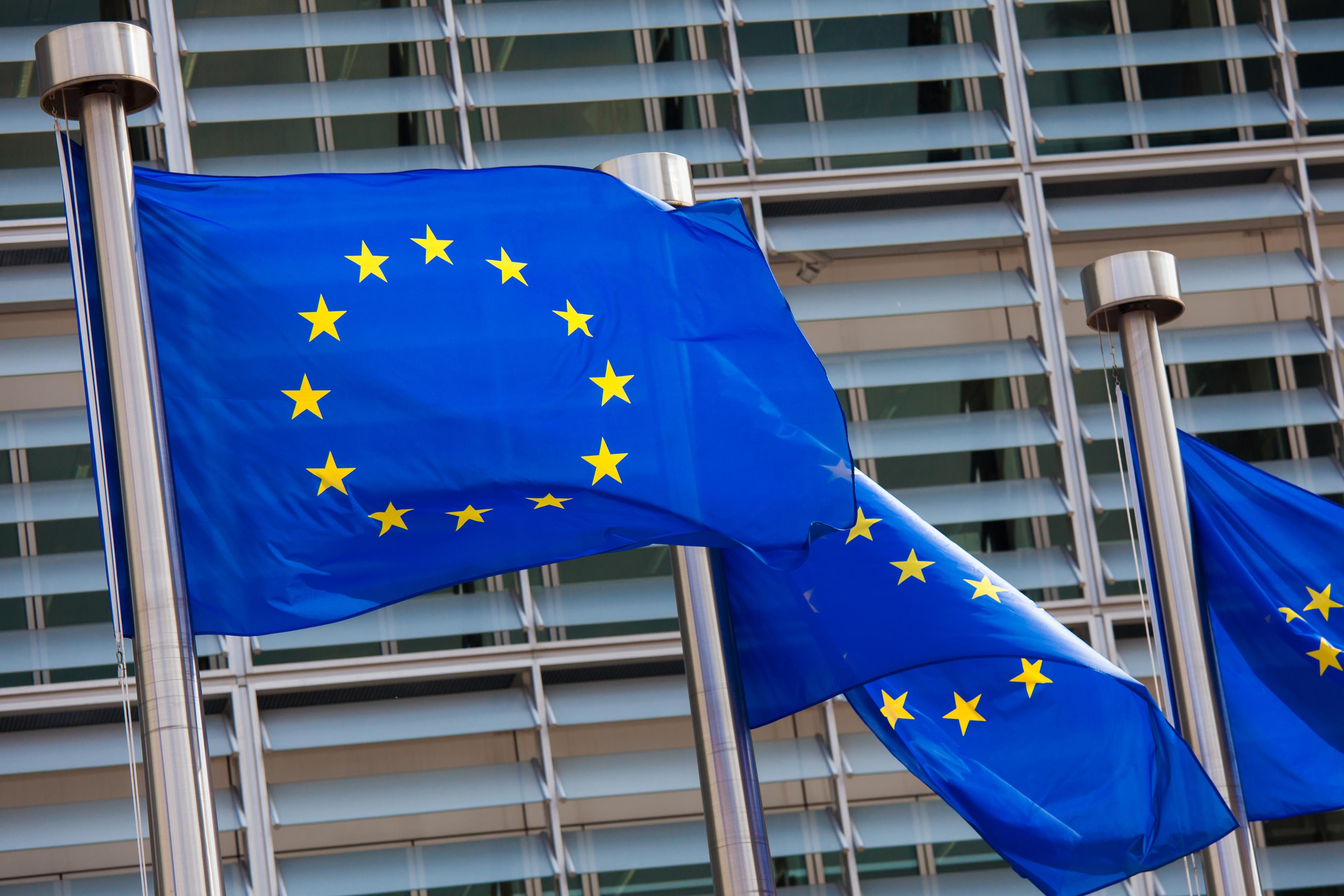 European Union flags waving in front of a modern glass building.