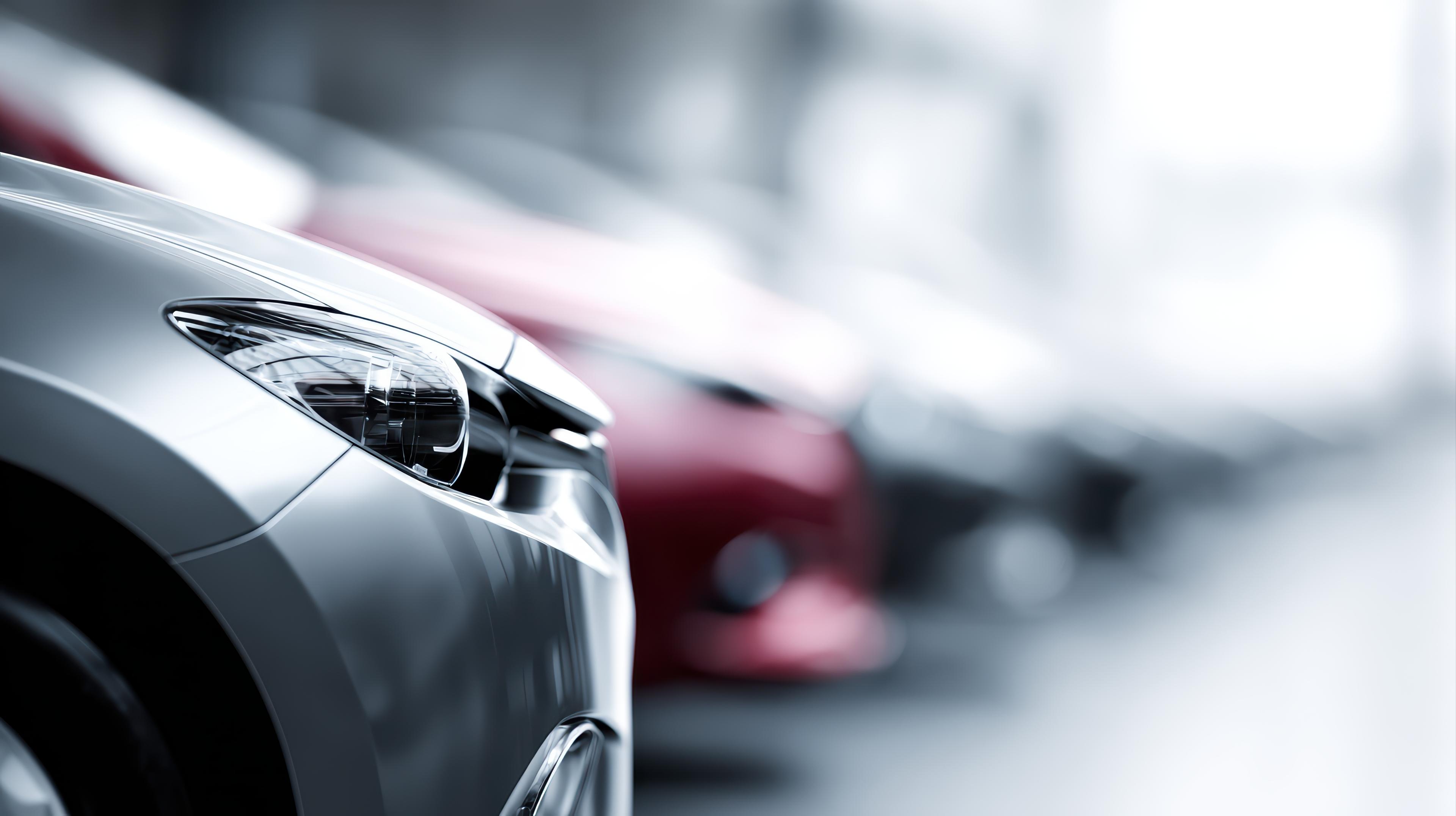 front-light-close-up-of-lined-up-car Close-up of a silver car headlight in a lined row of out-of-focus cars, creating a sleek and modern automotive display.