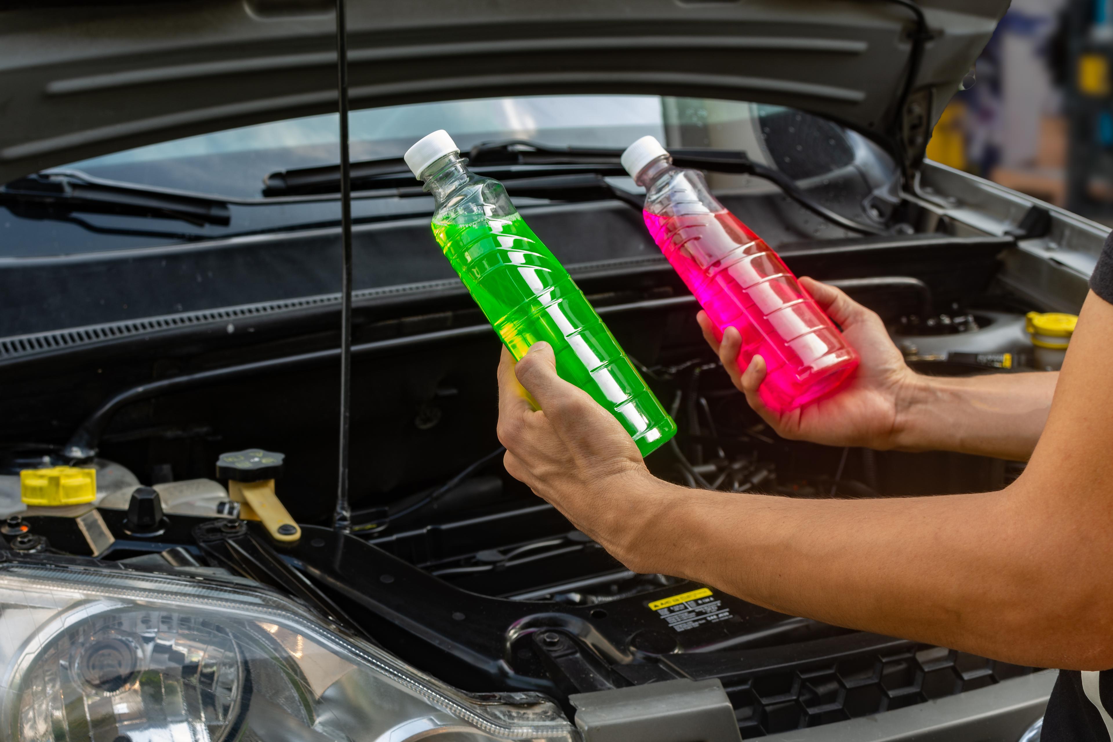 Holding two bottls of coolant