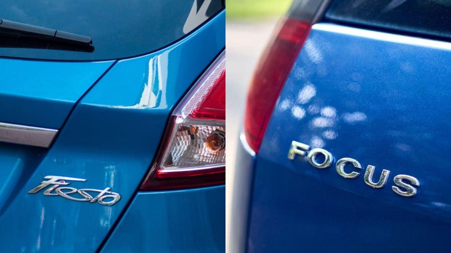Ford Fiesta badge next to a Ford Focus badge