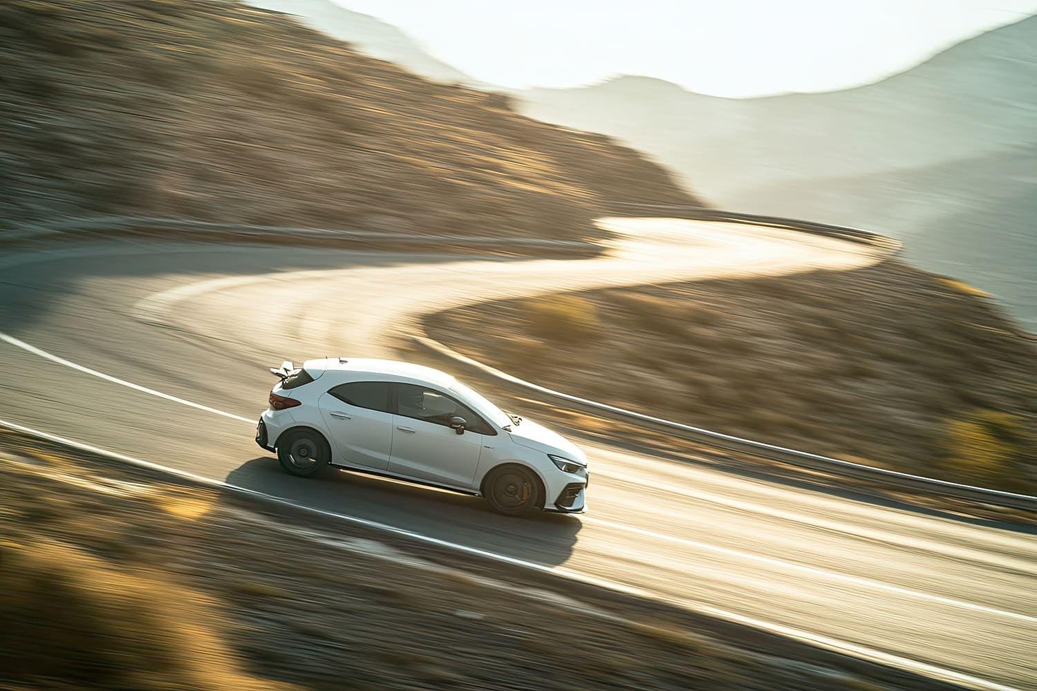 Sporty hatchback driving down a hill
